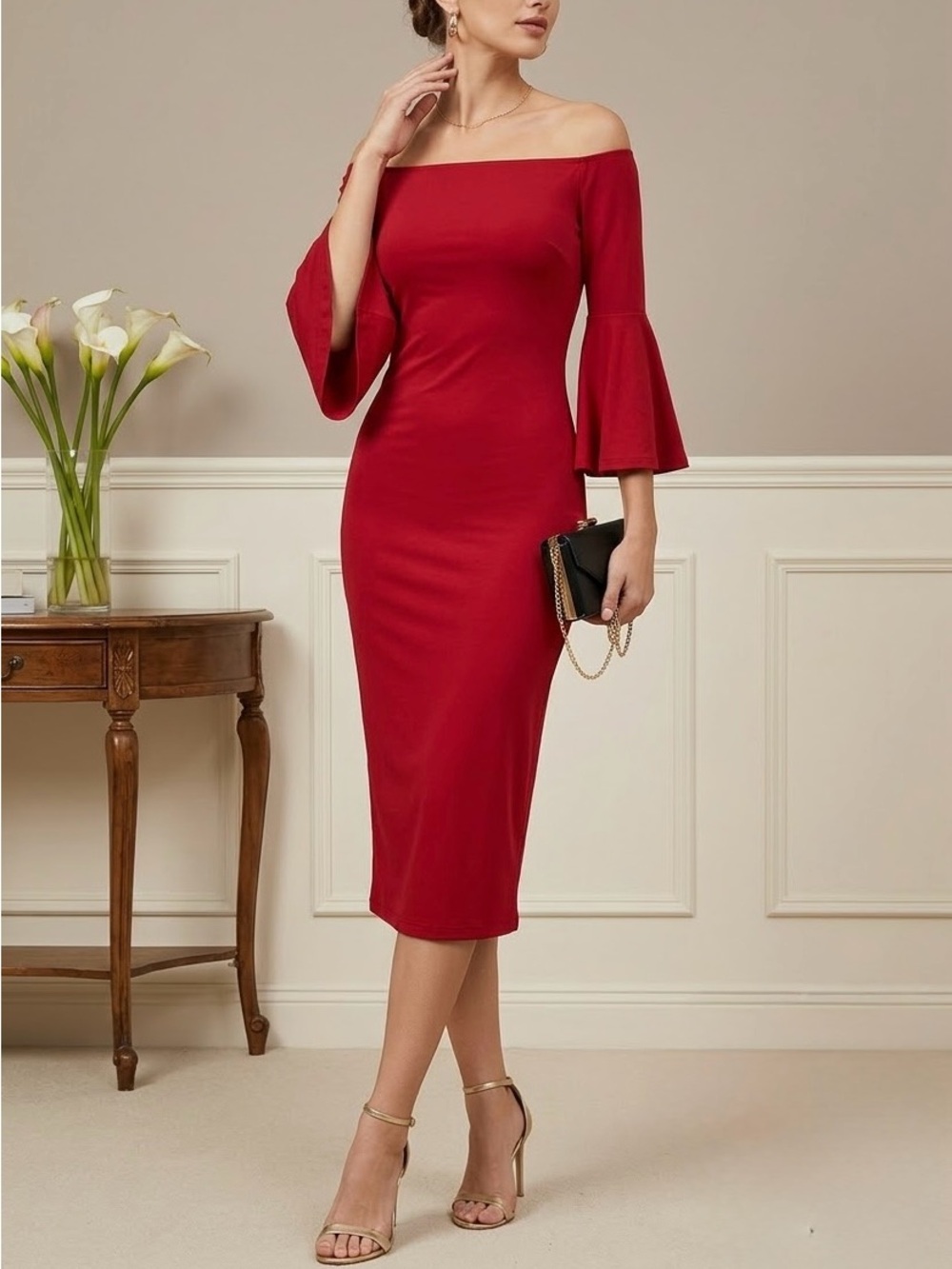 House of Harlow 1960 x Revolve Red Off Shoulder Bell Sleeve Midi Dress XS NWT